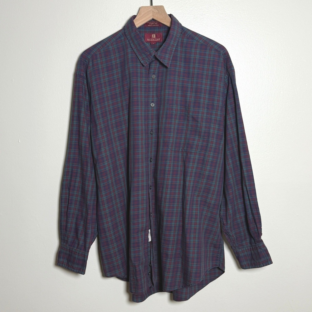 Nordstrom VTG Mens Button Down Shirt L Comfort Twill Plaid Burgundy Teal Cotton